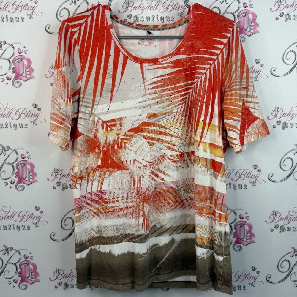 Olsen t-shirt, tropical, rhinestone crystals, Women's Tropical Print Top flowers